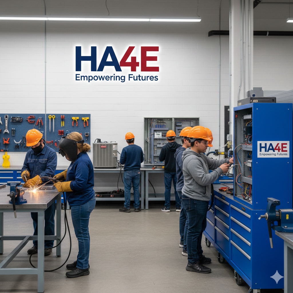 Students receiving hands-on training in skilled trades including construction, electrical, and HVAC